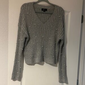BCX Gray V-Neck Sweater with Pearl Details